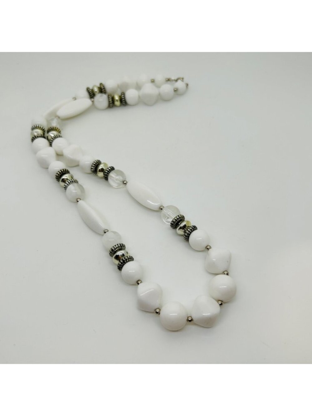White Beaded Necklace Acrylic Strand Silver Tone Spacers Chunky Costume Vintage